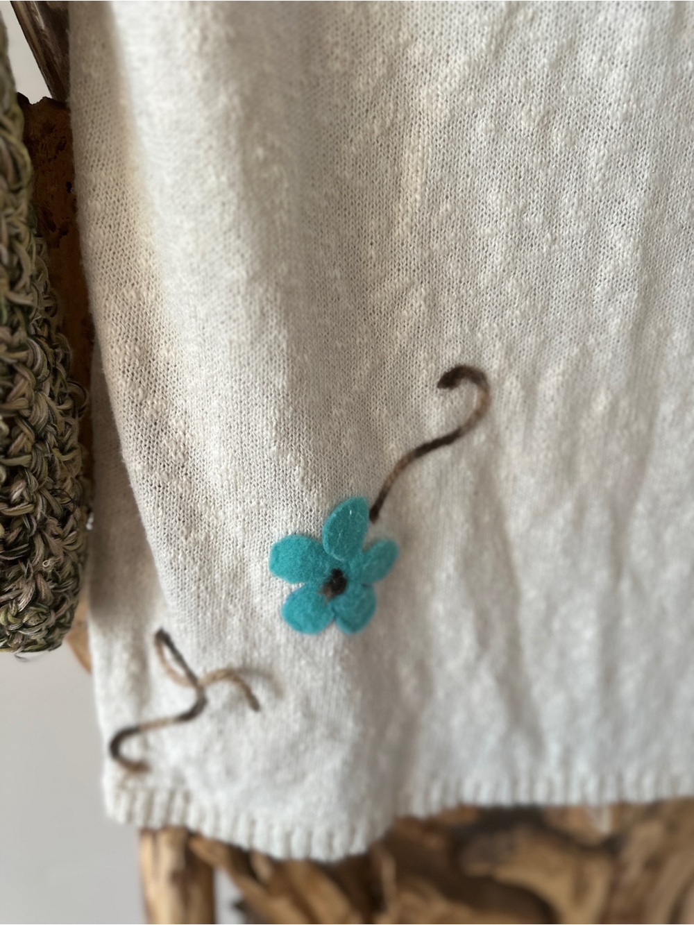 Cream Tunic Sweater with Olive Knit Sleeves and Teal Flower - Picture 3 of 5
